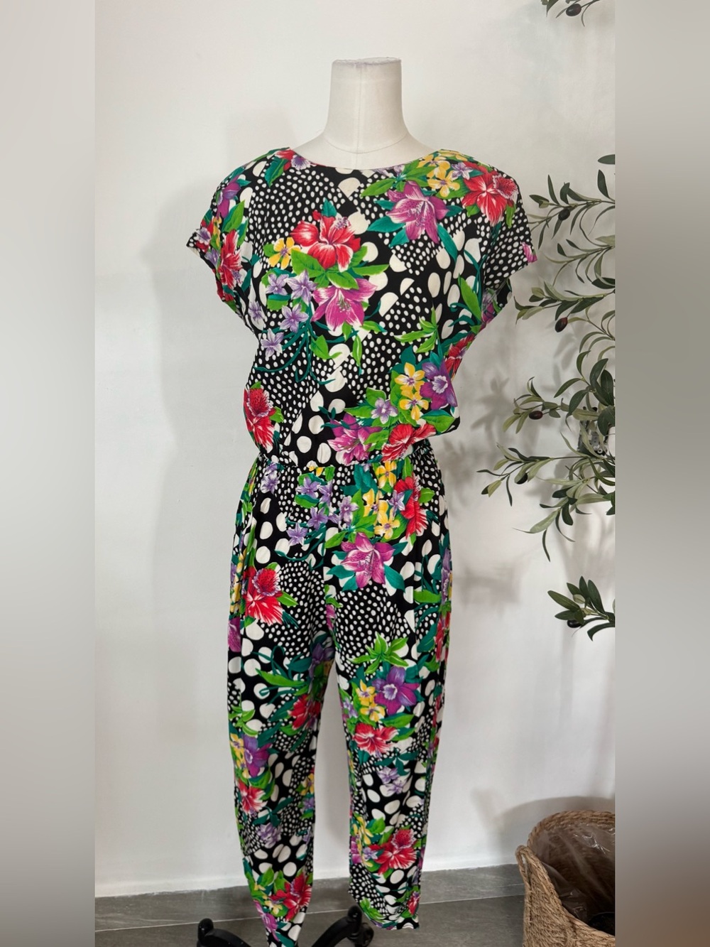 L.A. Gal Vintage Floral Polka Dot Jumpsuit Size 9/10 Padded Shoulders Retro 80s - Picture 6 of 9